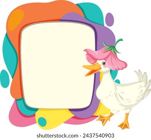 Cartoon duck beside a vibrant, abstract frame.
