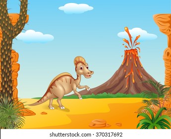 Cartoon Duck Billed Hadrosaur Character In Prehistoric Background