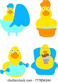 Cartoon duck character set blue. Swimming duck. Duck eating chocolate. Sporty duck.