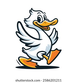 Cartoon Duck Character Walking Happily with Wings Spread