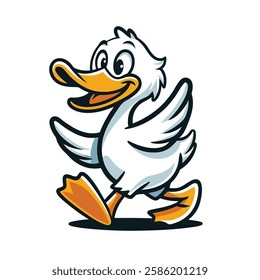 Cartoon Duck Character Walking Happily with Wings Spread