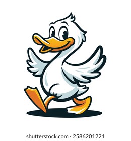 Cartoon Duck Character Walking Happily with Wings Spread