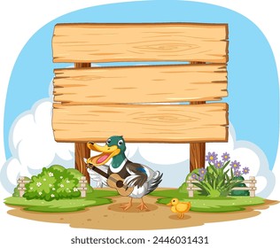 Cartoon duck with duckling near a blank sign.
