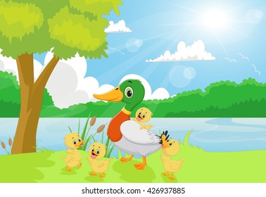 Cartoon duck family on the riverbank