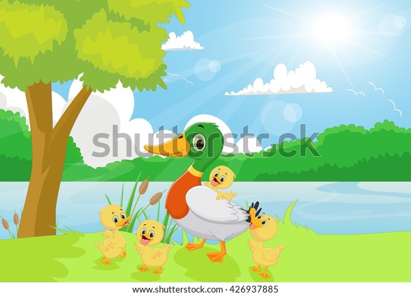 Cartoon Duck Family On Riverbank Stock Vector (Royalty Free) 426937885