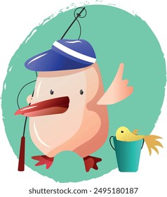 cartoon duck with fishing rod, bucket and fish