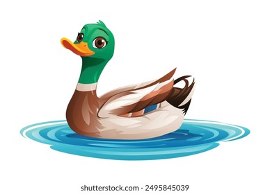 Cartoon duck floating on water. Vector illustration isolated on white background