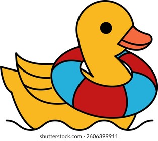 A cartoon duck is floating in a pool with a blue and red inner tube. The duck is wearing a yellow life jacket