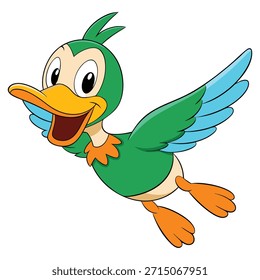 Pato de la historieta que vuela con el pico abierto y las alas del pájaro