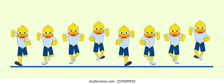 Cartoon Duck Frame by Frame Front Run Cycle, in school dress, Vector Illustration. Design for Motion graphics, 2D Animation, Infographics, Motion Posters, Pose Animation