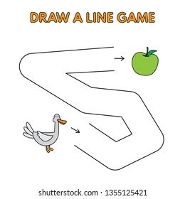 Cartoon duck game for small children - draw a line. Vector design for kids education