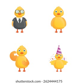 Cartoon duck icons set cartoon vector. Funny little duck. Cartoon character
