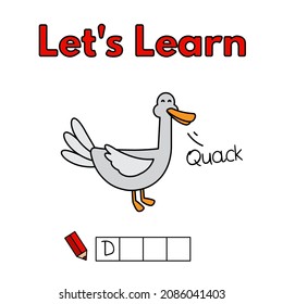 Cartoon duck learning game for small children - write the word. Vector illustration for kids