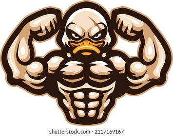 Cartoon duck mascot with muscle body