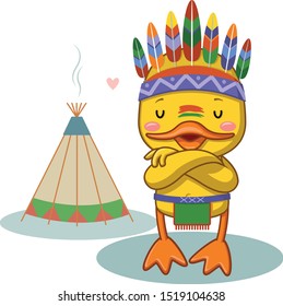 Cartoon duck native american indian with traditional costume