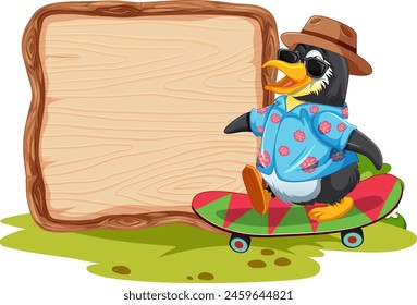 Cartoon duck on skateboard next to blank sign