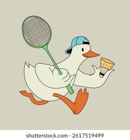 Cartoon Duck Playing Badminton with Racket and Shuttlecock