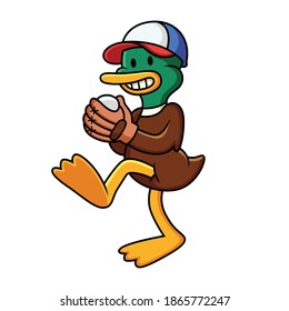 Cartoon duck playing baseball. Vector clip art illustration with simple gradients in white background.