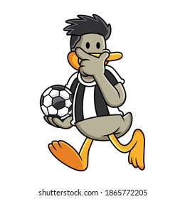 Cartoon duck playing soccer. Vector clip art illustration with simple gradients. All in a single layer.