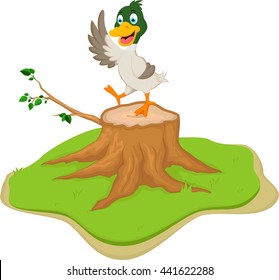 cartoon duck posing on tree stump