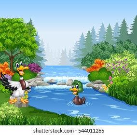 Cartoon duck at the river bank