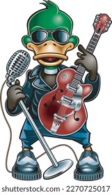 Cartoon duck in rockabilly style holding guitar and microphone