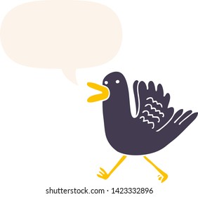 pato de dibujos animados corriendo con burbuja de habla en estilo retro