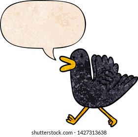 cartoon duck running with speech bubble in retro texture style