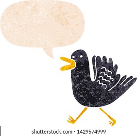 cartoon duck running with speech bubble in grunge distressed retro textured style