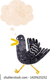 pato caricaturista corriendo con burbuja de pensamiento en un estilo retro angustiado y texturado