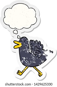 cartoon duck running with thought bubble as a distressed worn sticker