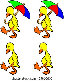 Cartoon duck sad and mad walking with umbrella