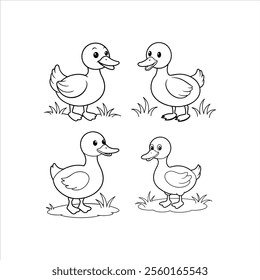 Cartoon Duck Simple Black and White Vector Illustration.