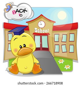 Cartoon Duck is sitting in the background of the school 