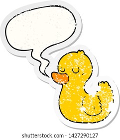 cartoon duck with speech bubble distressed distressed old sticker