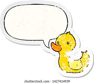 cartoon duck with speech bubble distressed distressed old sticker