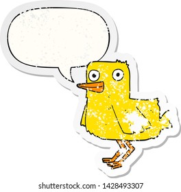 cartoon duck with speech bubble distressed distressed old sticker