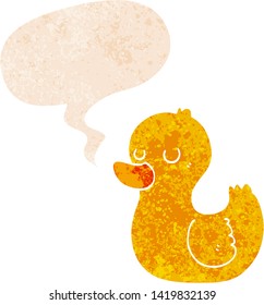 cartoon duck with speech bubble in grunge distressed retro textured style