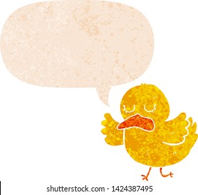 pato de dibujos animados con burbuja de habla en un estilo retro angustiado con textura grunge
