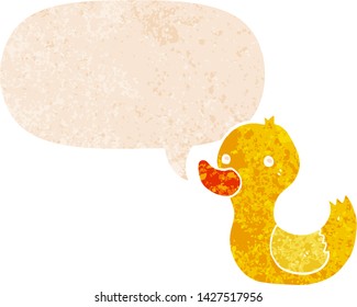 cartoon duck with speech bubble in grunge distressed retro textured style