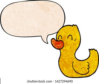 cartoon duck with speech bubble in retro texture style