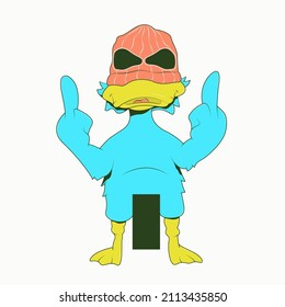 A cartoon duck stands in a balaclava and shows middle fingers. Vector illustration.