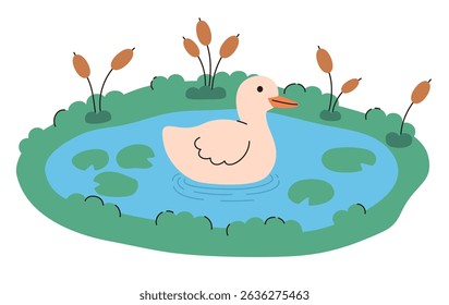 Cartoon duck swimming on the lake. Flat vector illustration.