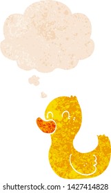 cartoon duck with thought bubble in grunge distressed retro textured style