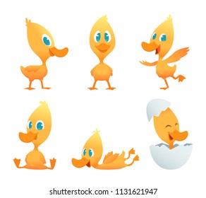 Cartoon duck. Various action poses of funny duck. Vector clipart duckling character illustration