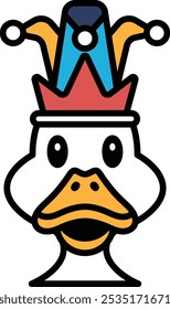 Un pato de dibujos animados con una corona y un sombrero. El pato está sonriendo y mirando hacia arriba. La Imagen tiene un sentimiento lúdico y caprichoso