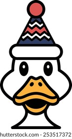 A cartoon duck wearing a hat and a party hat. The duck is smiling and looking at the camera