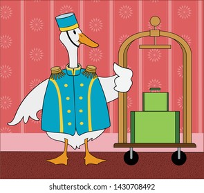 A Cartoon Duck Works As A Bell Boy.