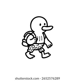 Uma criatura parecida com um pato de desenho animado carregando uma mochila, vestindo shorts simples estampados