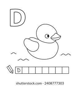 Cartoon duckling coloring pages. Learning game for small children - write a word in English language. Vector alphabet for kids